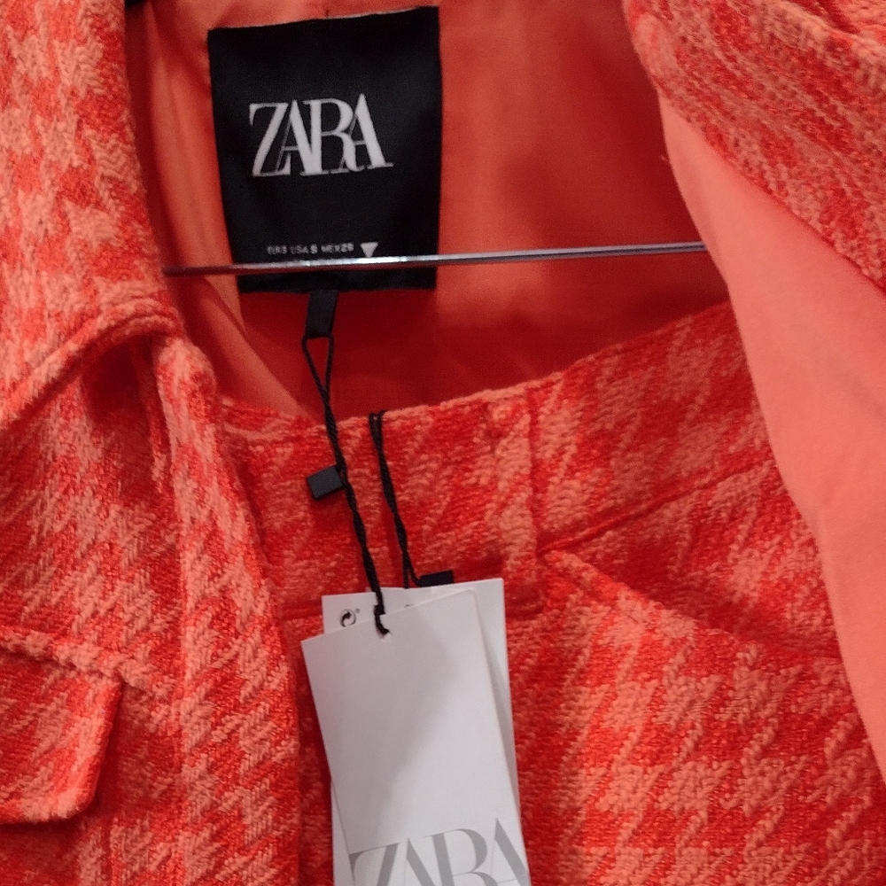 ZARA Hot Burnt Sienna Orange Spring Colour Chanel Vouge  Houndstooth Tweed NWT - Picture 13 of 15